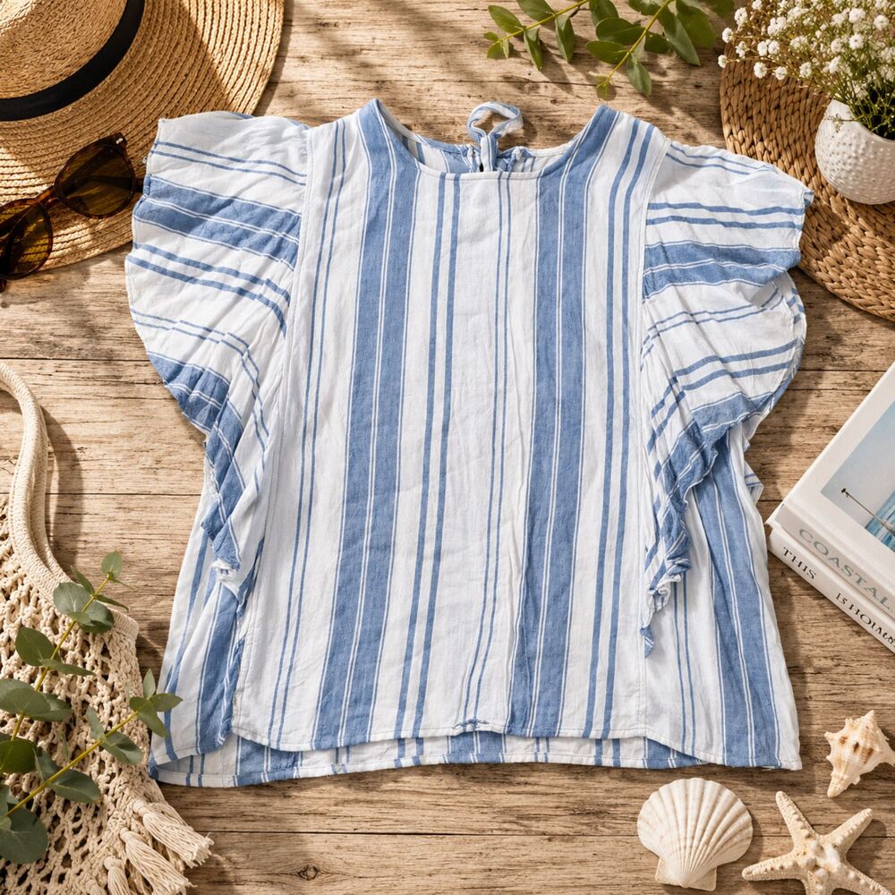 Wrangler Women's Blouse White and Blue Ruffled Size Extra Large (439)